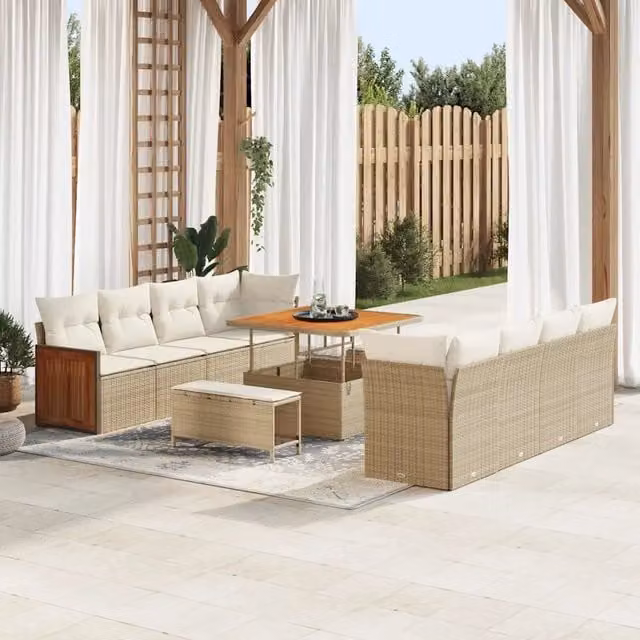 Set Divano da Giardino Moderno vidaXL Beige con Cuscini e Tavolino, Struttura in Acciaio e Tessuto Resistente ai Raggi UV, L/P/H: 231 x 224 x 85 cm