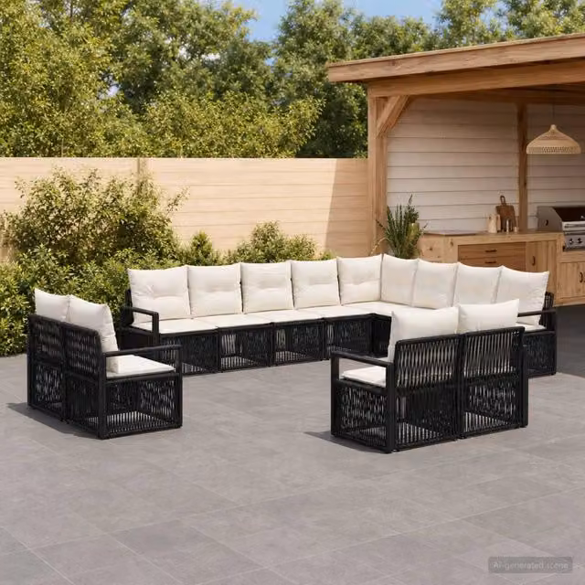 Set Divano da Giardino a Forma a U vidaXL in Polyrattan Nero con Cuscini e Rivestimenti Rimovibili