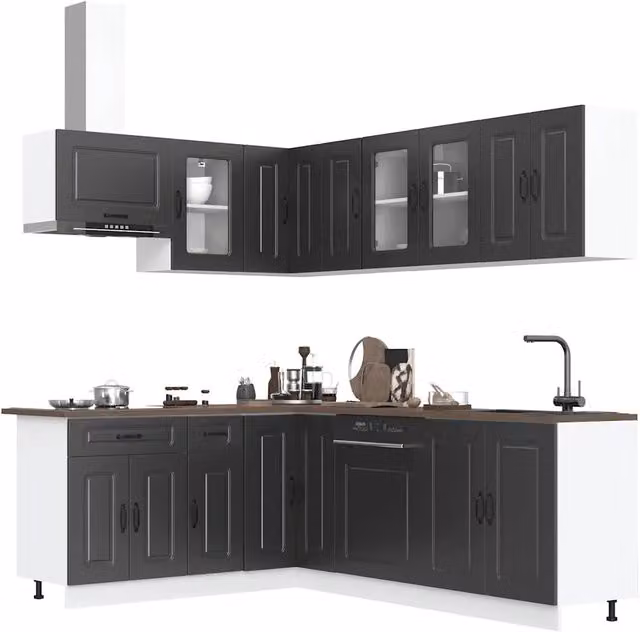 Set di mobili da cucina moderno vidaXL in legno e vetro nero opaco con 11 pezzi