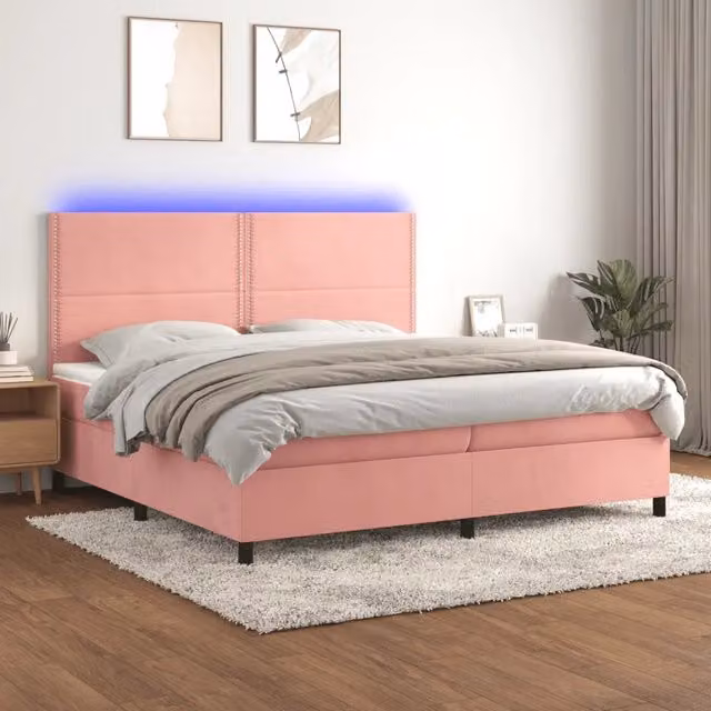 Letto Ibrido con Materasso vidaXL in Velluto Rosa e Bianco con Illuminazione LED e Porte USB L/P/H: 200 x 200 x 76 cm