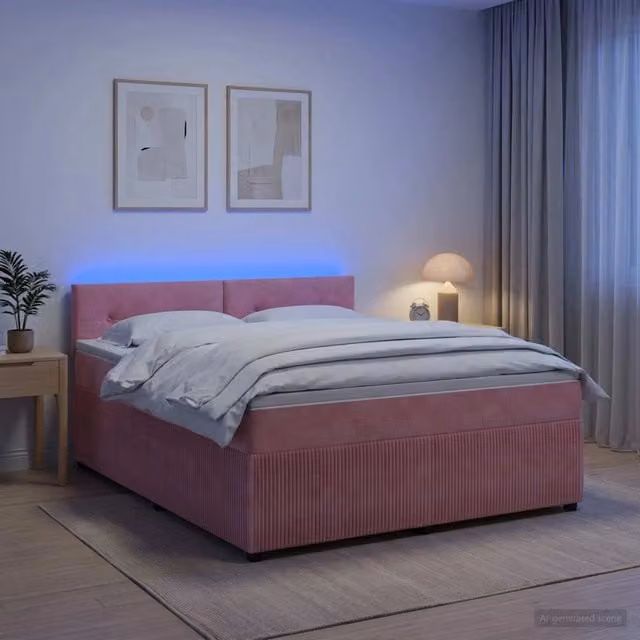Letto box spring con materasso ibrido vidaXL in velluto rosa e bianco L: 140 cm, P: 190 cm