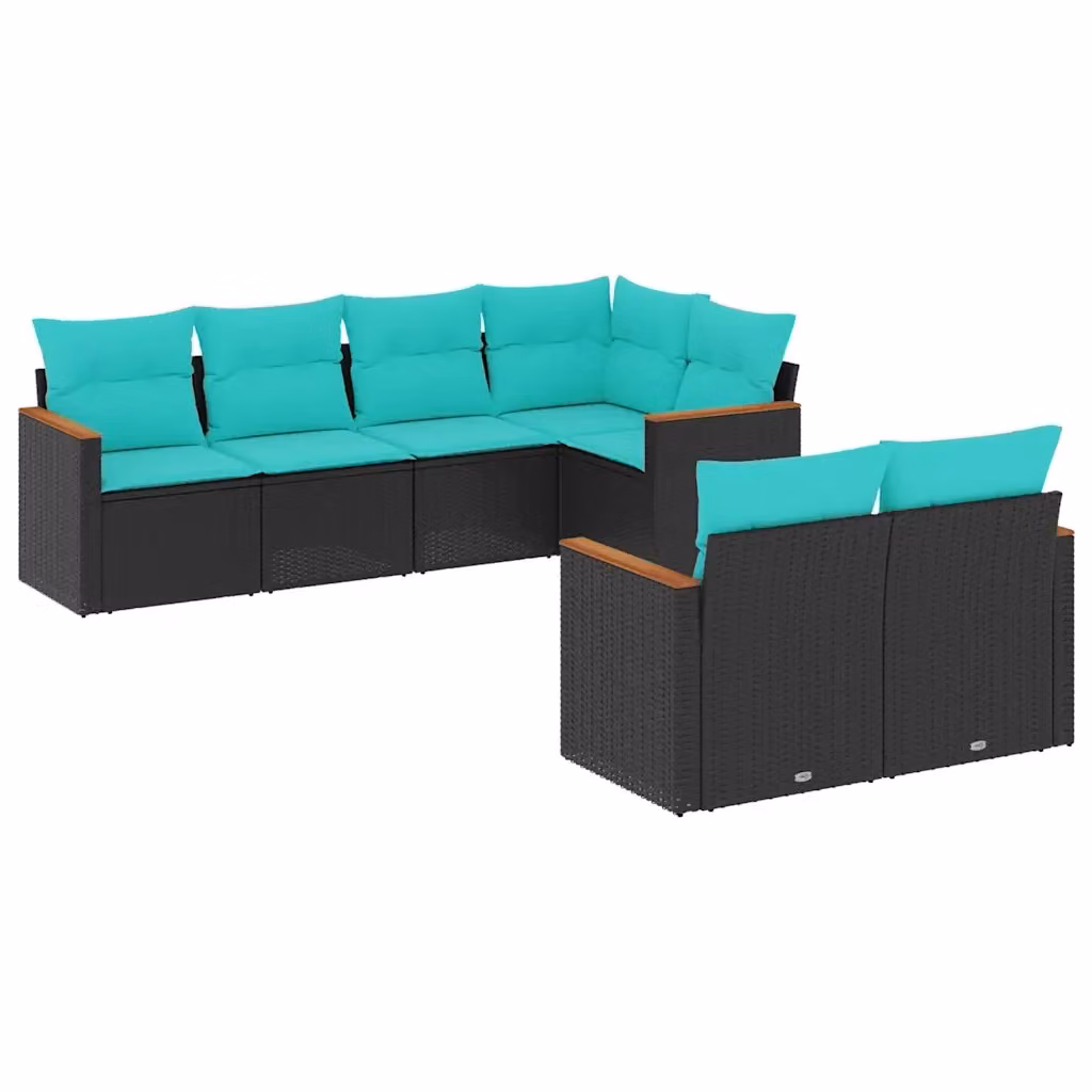 Set di divani da giardino vidaXL a forma di L composto da 7 pezzi con cuscini, struttura in metallo e rattan nero con cuscini blu, turchese e nero – 2