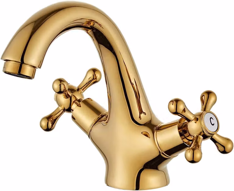 Miscelatore per lavabo dorato, stile vintage, con due manopole, altezza 59 cm, in ottone