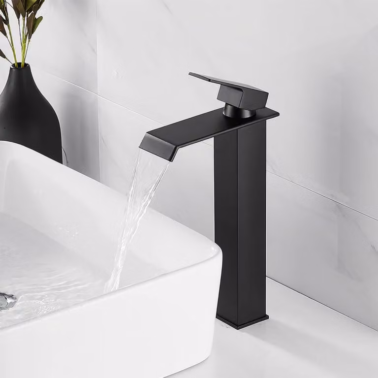 Miscelatore per lavabo a cascata, monocomando, acciaio inossidabile, nero