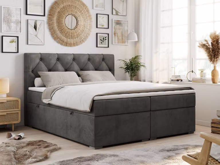 Boxspring con testiera trapuntata ALDA - 120x200 cm - Materasso multipocket H3 | Grigio Velluto - Topper T25