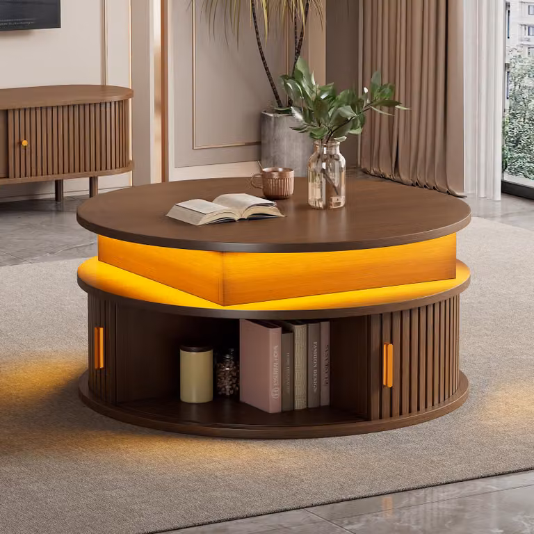 Merax Tavolino regolabile in altezza con LED, tavolino rotondo con 2 ante scorrevoli e spazio contenitivo, tavolo multifunzionale con superficie opaca, noce