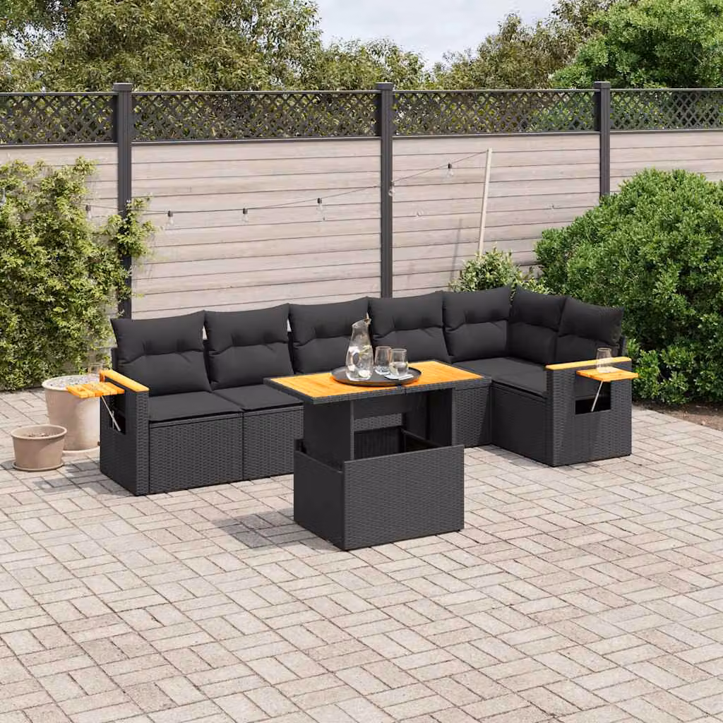 vidaXL Set Divani da Giardino a L con Tavolino e 7 Cuscini in Polyrattan Nero – 1