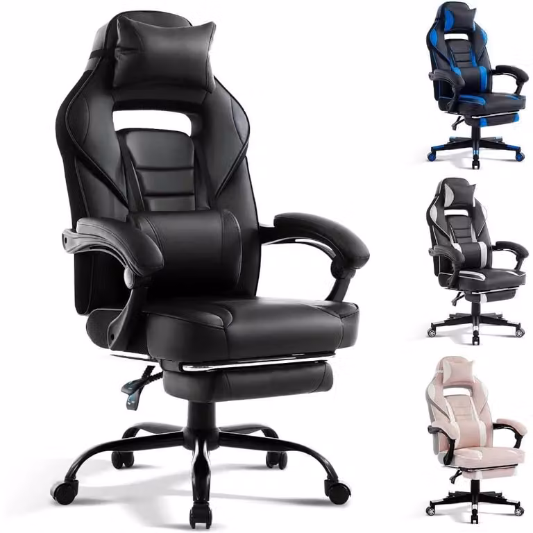 Sedia da gaming - Schienale alto ergonomico - Rivestimento in ecopelle - Regolabile in altezza - Rotazione a 360° - Poggiapiedi estraibile - Colore: nero