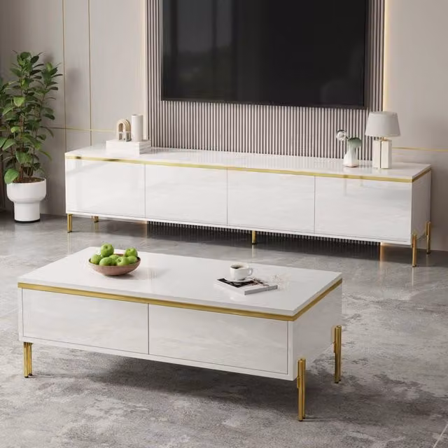 Set mobile TV e tavolino 170x50x50 cm in truciolare bianco per soggiorno –