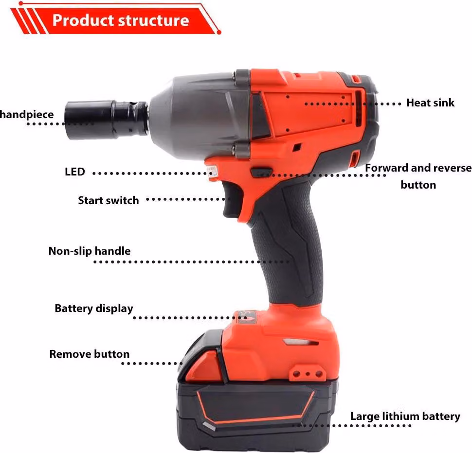 Avvitatore a percussione a batteria - Attacco quadrato da 1,27 cm (1/2 pollice) - Coppia elevata di 1300 Nm - Motore brushless - Compatibile con batterie da 18 V - Luce LED - Rosso, senza batteria