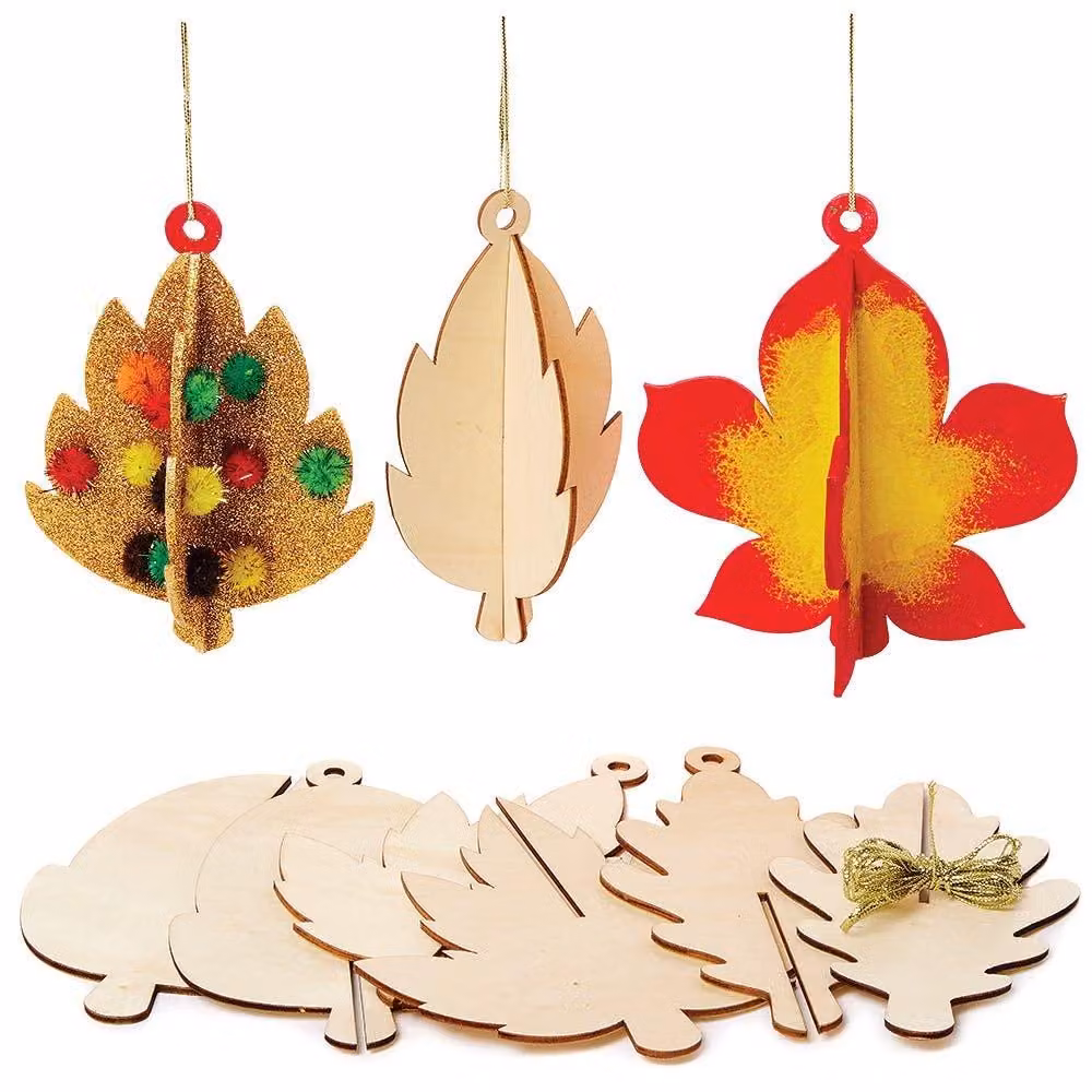 Baker Ross FX256: Decorazioni in legno 3D a forma di foglie autunnali, confezione da 6, piccoli elementi in legno