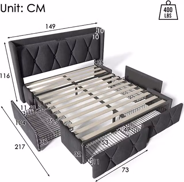Letto matrimoniale con testiera e USB - Xylo - 140x200 cm - Grigio - 4 cassetti