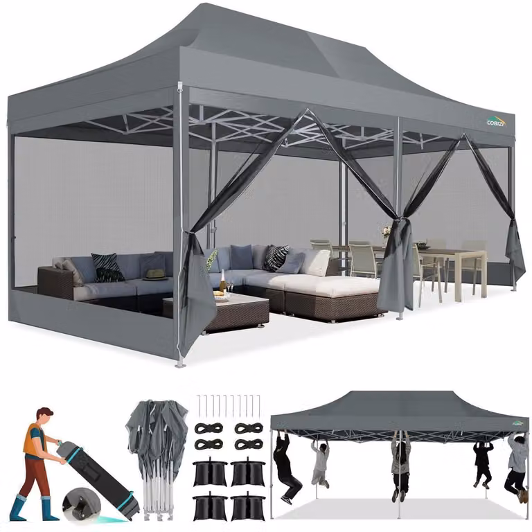 Gazebo da esterno 3x6 metri con zanzariera, impermeabile, protezione UV 50+, 6 pareti laterali, colore grigio