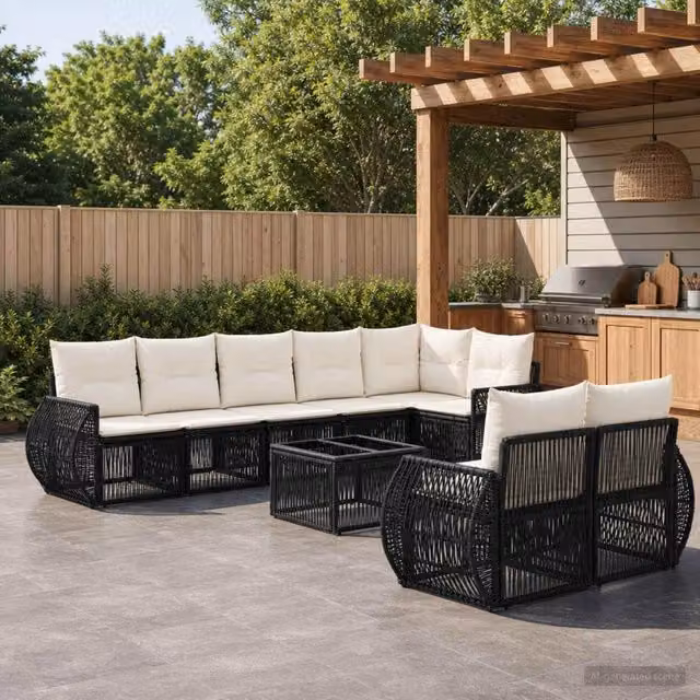 Set Divano da Giardino Moderno vidaXL in Polyrattan con Tavolino e Cuscini, Colore Nero, Bianco e Beige – 1