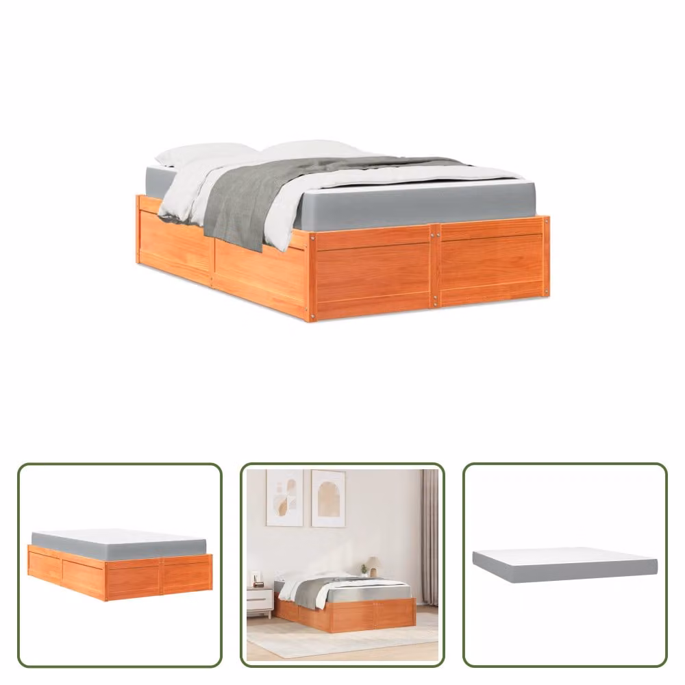 The Living Store Letto con materasso marrone cera 120x190 cm in legno di pino massiccio