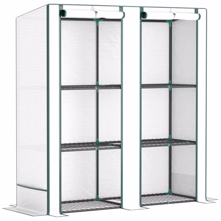 Serra Moonbite a falda, dimensioni 144 x 48 x 152 cm, serra per pomodori con doppia porta, 3 ripiani in filo metallico e copertura da 140 g/m², trasmissione della luce dell'85%, acciaio, colore bianco