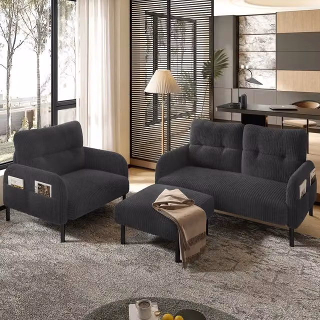 Set salotto 3 pezzi in corduroy grigio con divano 2 posti; poltrona e pouf
