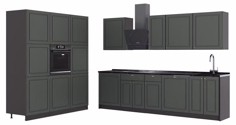 Cucina componibile Vicco Fame-Line Verde-oro rustico/Antracite 460 cm senza piano di lavoro, Model 63766