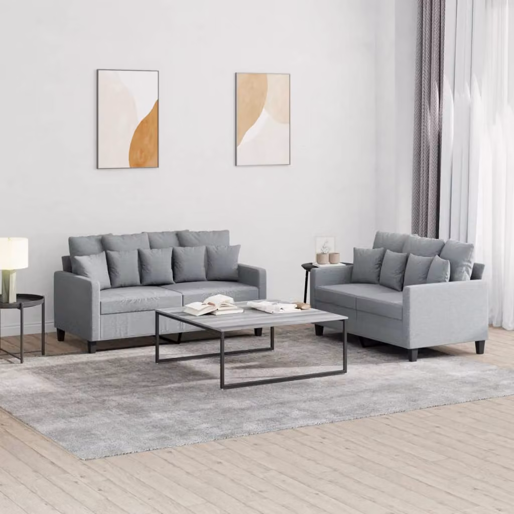 vidaXL Set di 2 Divani Moderni in Tessuto Grigio con Cuscini e Imbottitura in Schiuma – 1