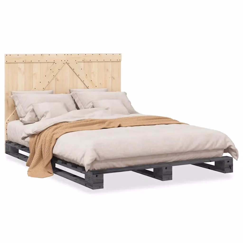vidaXL Giroletto con Testiera Grigio in Legno Massello di Pino L/P/H: 140 x 200 cm – 2