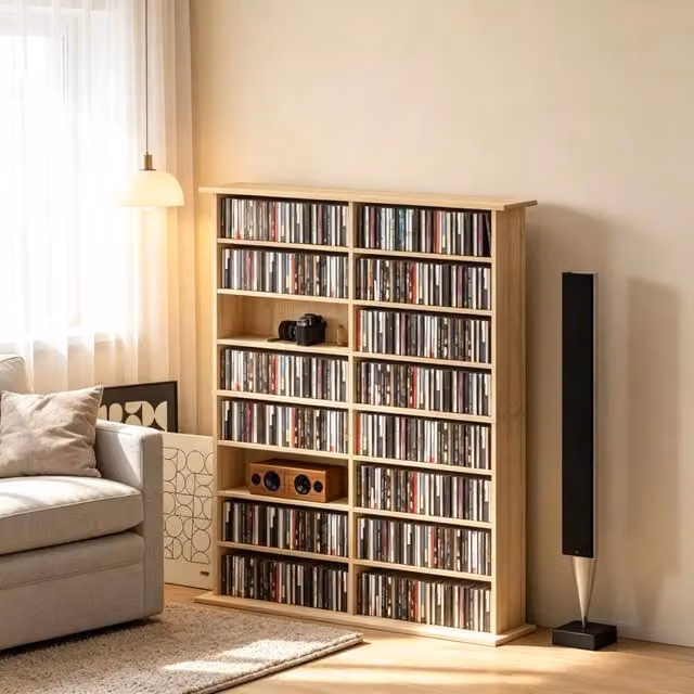 Mobile porta CD DVD e Blu-ray 106.5x24x126.3 cm con ripiani regolabili in pannello truciolare naturale