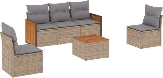 Set Divano da Giardino 6 pz | Set Salotto da Giardino con Cuscini Beige in Polyrattan