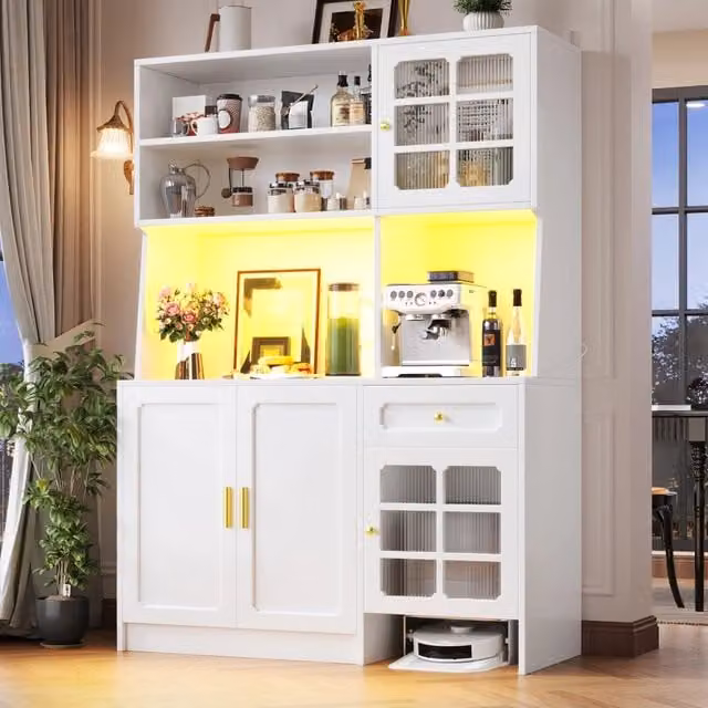 Mobile colonna da cucina con vani aperti ante in vetro e LED controllabile via app in MDF bianco 130 × 45 × 180 cm
