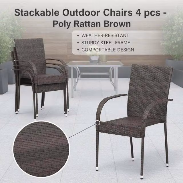Stackable Garden Chairs 4 Pcs Poly Rattan Brown