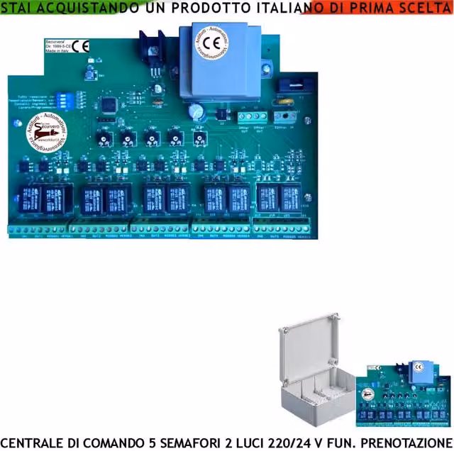 Quadro di Comando Semaforico Securvera con 5 Semafori a 2 Luci Rosse e Verdi, Funzioni Prenotazione Arrivo e Tempi Regolabili da 5 a 180 secondi