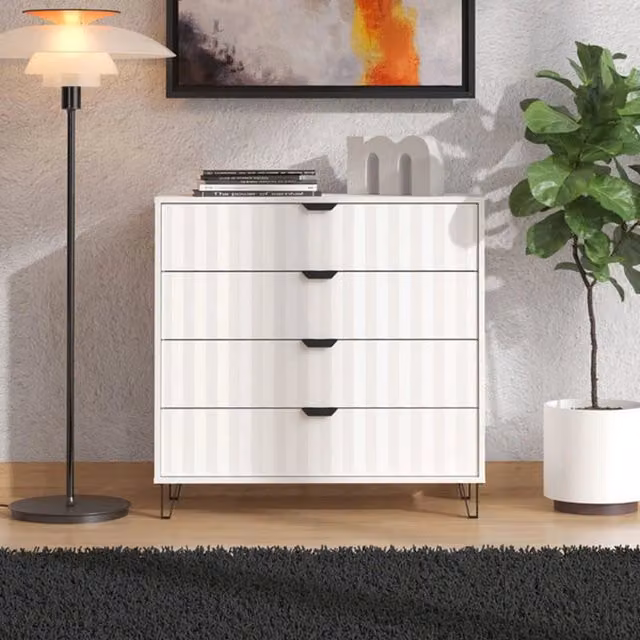 Cassettiera moderna DMORA con 4 cassetti, disponibile in bianco o grigio, L: 93 cm, P: 40 cm, H: 90 cm