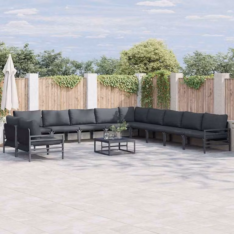 Set Divano da Giardino vidaXL 11 Pezzi a Forma di L con Cuscini Antracite e Acciaio Verniciato a Polvere