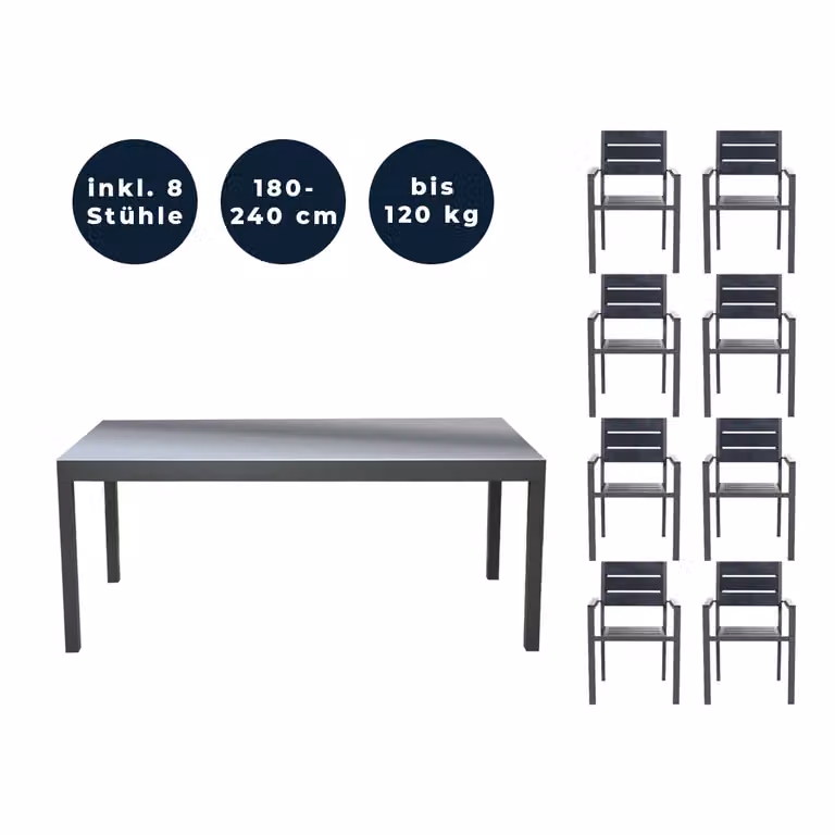 Home Deluxe - Tavolo da giardino allungabile - SOL - ca. 180 (240) x 90 x 75 cm - incl. 8 sedie, incl. accessori I Mobili da giardino tavolo allungabile set da balcone