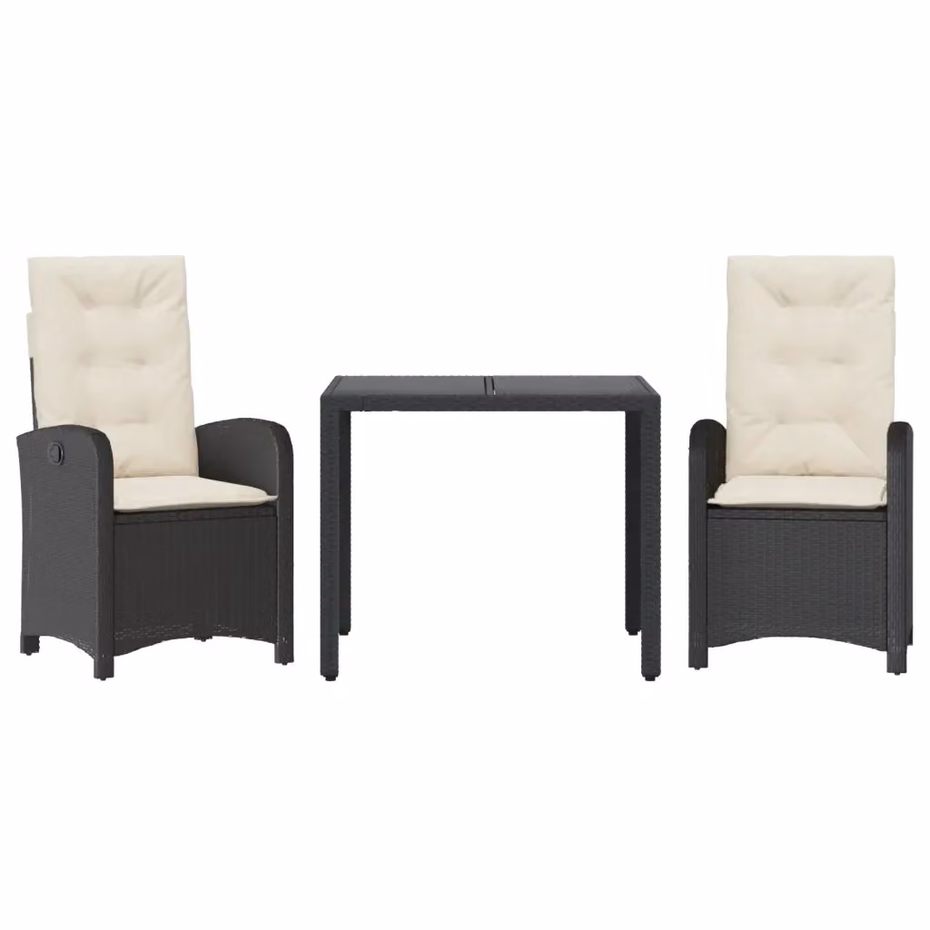 Set da Pranzo da Giardino 3 pz vidaXL in Polyrattan Nero con Cuscini e Piano in Vetro – 2