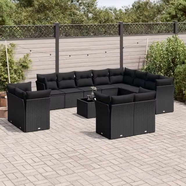 Set di divani da giardino a forma di U VIDAXL in polyrattan nero con 13 pezzi e cuscini inclusi