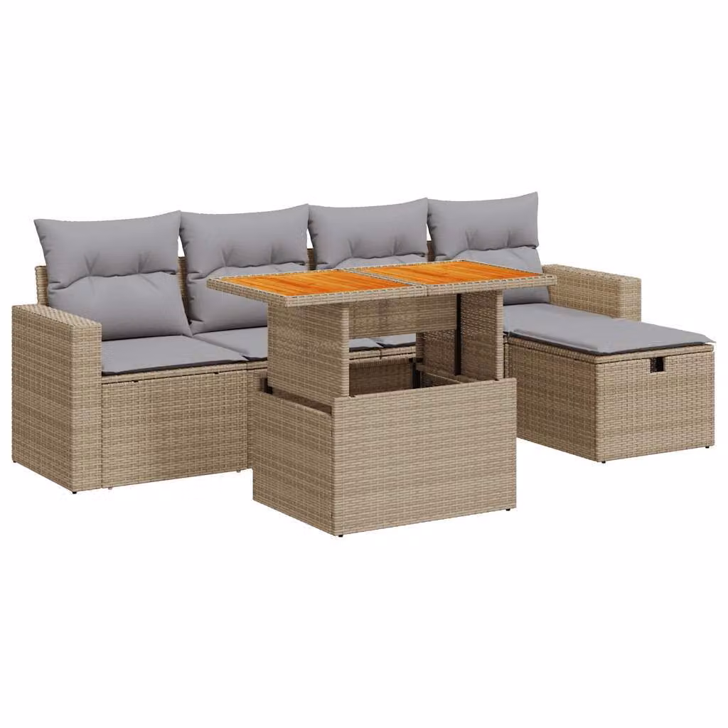Set Divano da Giardino 6 pz con Cuscini Beige Polyrattan Acacia