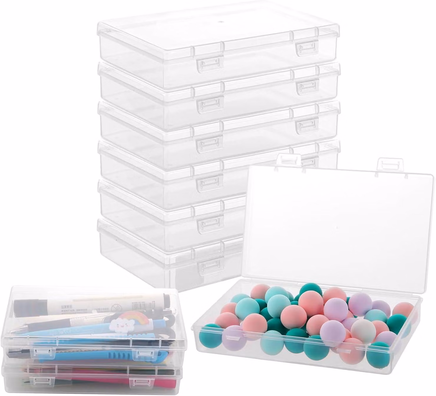 Set di contenitori in plastica, 8 pezzi, dimensioni 15,5 x 9,3 x 3 cm, trasparenti, impilabili, ideali per l'organizzazione e la conservazione