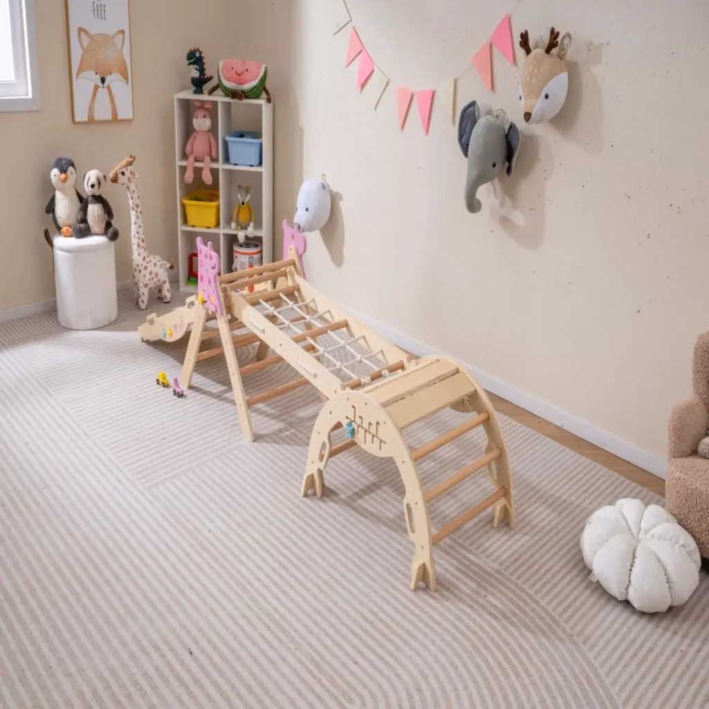 Set triangolo per arrampicata pieghevole per bambini con tunnel in legno naturale color marrone – 2