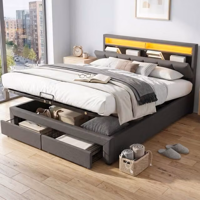 Letto imbottito matrimoniale 180 x 200 cm in lino con LED, contenitore idraulico, cassetti e vani portaoggetti, struttura in acciaio - Grigio