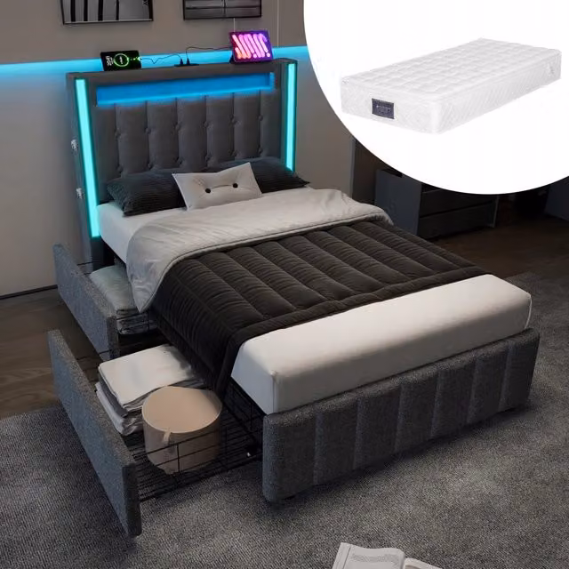 Letto singolo 90x200 - Xylo - Grigio con USB-C e materasso incluso