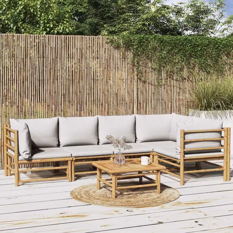 Set Salotto da Giardino vidaXL in Bambu con Cuscini, Design Moderno a L, Grigio e Marrone