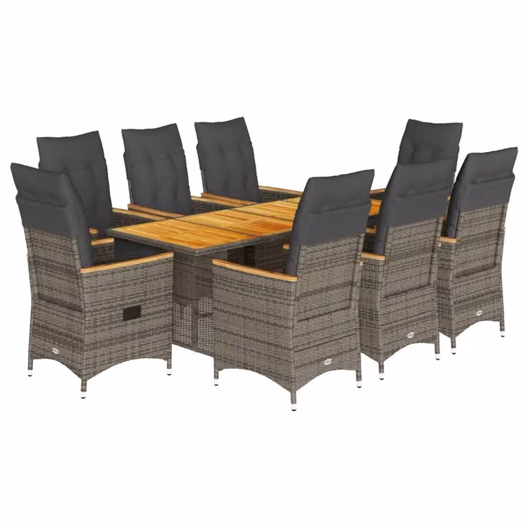 Set da Pranzo da Giardino 9 pz con Cuscini in Polyrattan Grigio