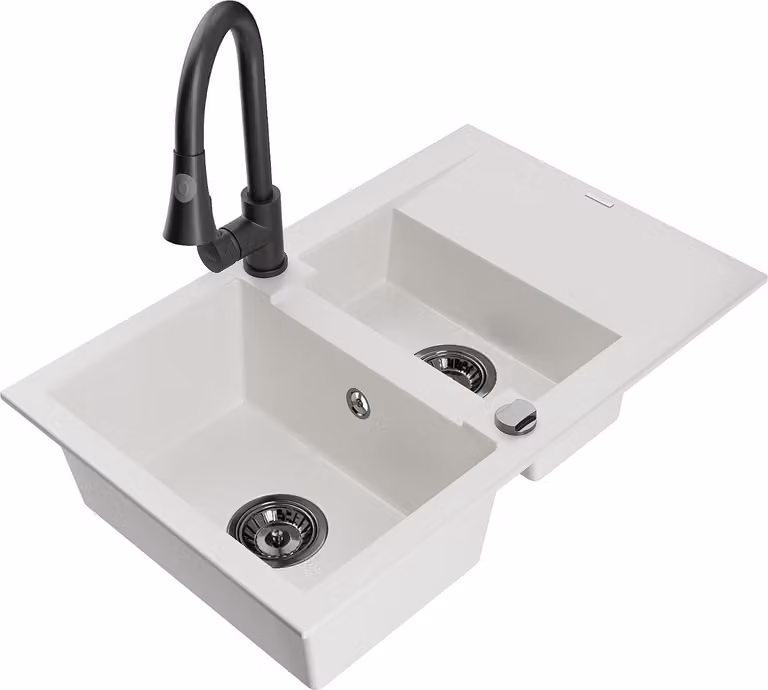 Mexen Gaspar lavello in granito 1,5 vasche con sgocciolatoio e rubinetto da cucina Elia, bianco - 6507-20-670101-70