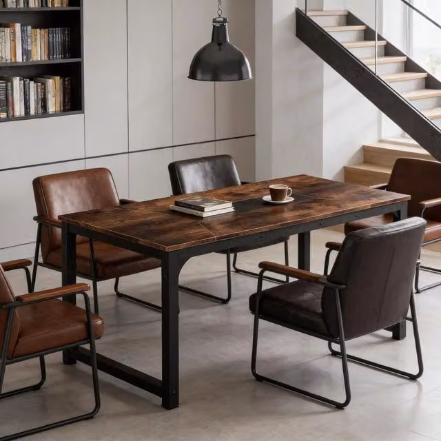 Tavolo da pranzo rettangolare REDOM in stile industriale con piano in legno marrone e struttura in metallo nero – 1