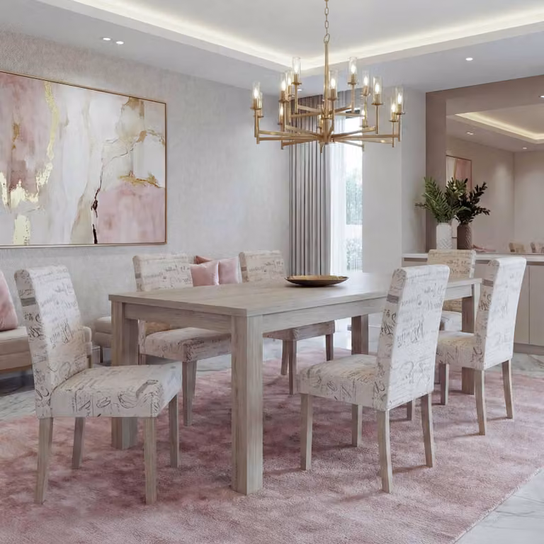set di 6 sedie da sala da pranzo Littau, sedia da cucina ~ tessuto con scritte, crema, struttura delle gambe - rovere
