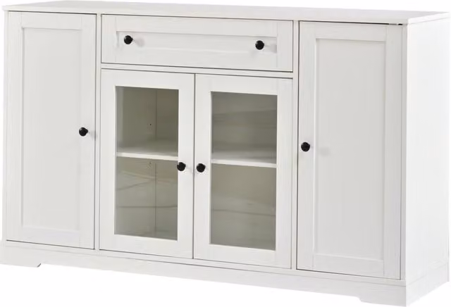 Sideboard bianco moderno con 4 ante, 2 ante in vetro, 1 cassetto, 138x40x83 cm, mobile multifunzione per soggiorno e ingresso