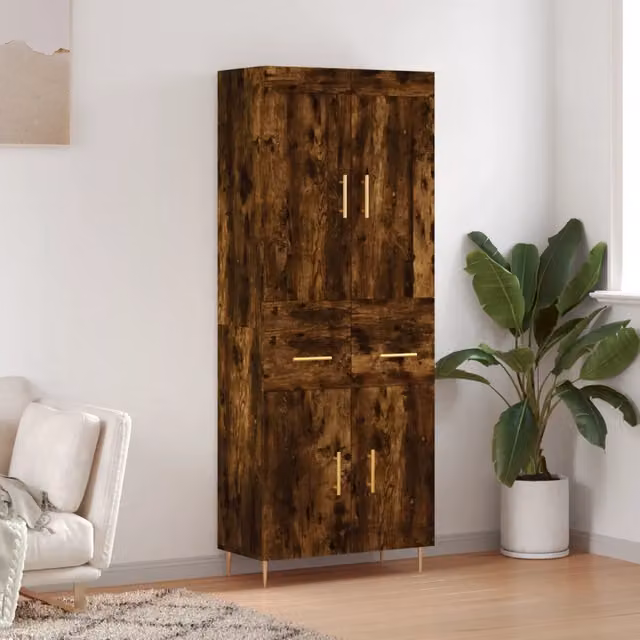 Credenza moderna vidaXL in legno e metallo color rovere fumo, L: 69,5 cm, P: 34 cm, H: 180 cm