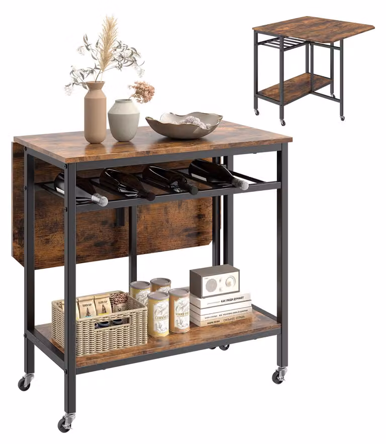 Tavolo da pranzo KOMFOTTEU, tavolo pieghevole da cucina con ripiano aperto e scaffale per vino, tavolo da pranzo mobile con ruote, tavolo pieghevole salvaspazio per piccoli ambienti, sala da pranzo e cucina, colore marrone rustico, dimensioni 75 x 80 x 75