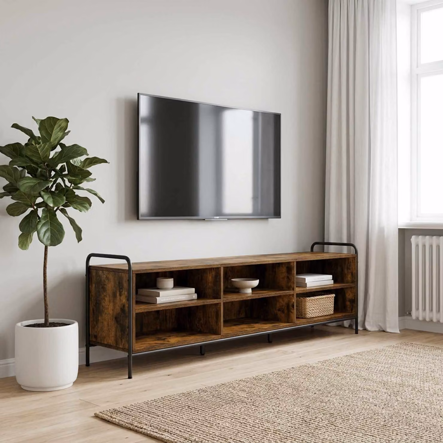 Mobile TV vidaXL Rovere Fumo in Legno e Metallo, L 140 x P 39,5 x H 50 cm