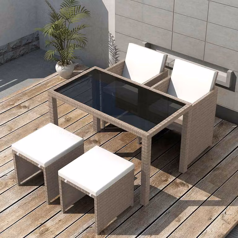 Set da Pranzo da Giardino vidaXL in Polyrattan con Cuscini e Tavolo in Vetro Beige