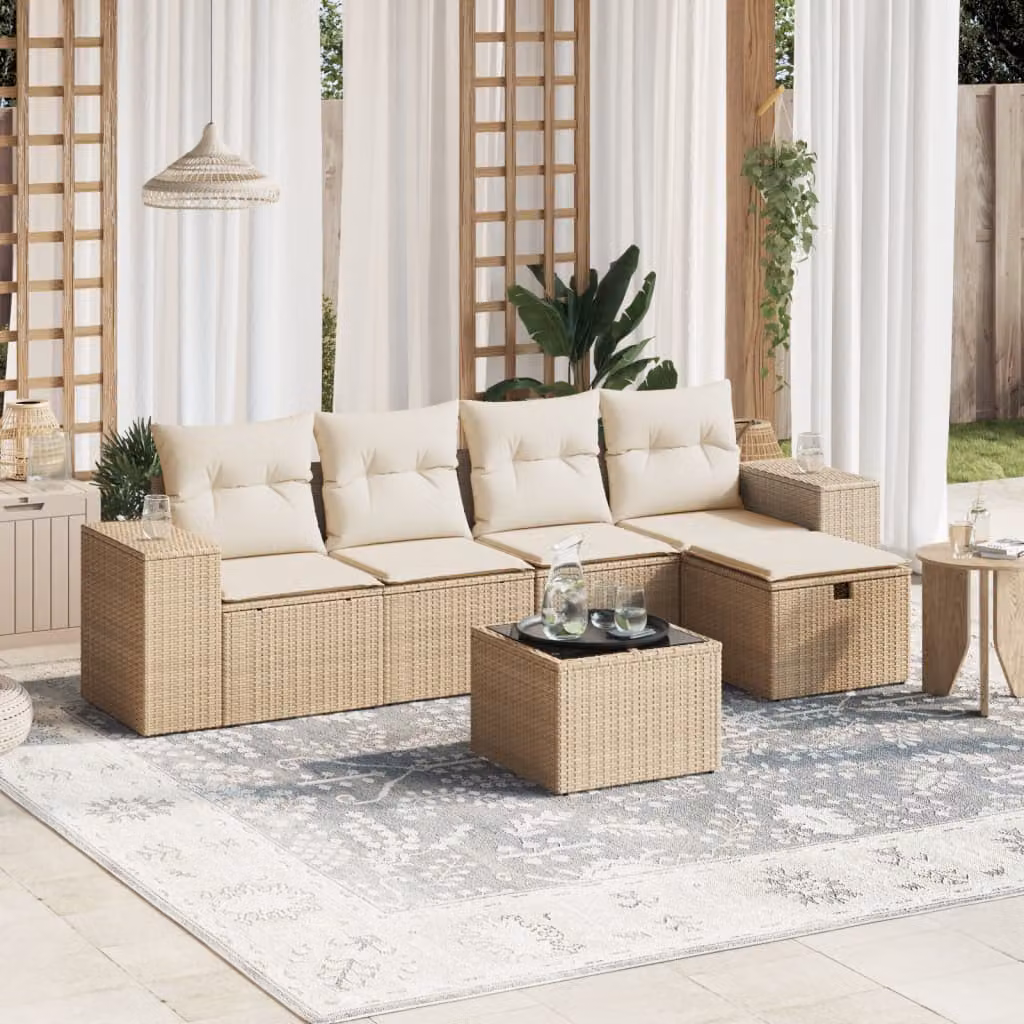 vidaXL Set Divano da Giardino a L 6 pz con Cuscini Beige e Tavolino in Polyrattan e Metallo – 1